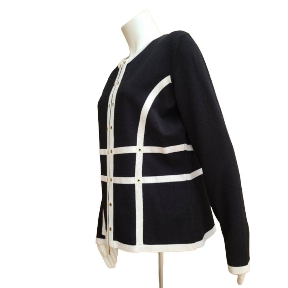 ESCADA Contrast Striped Santana Knit Jacket L Top Sweater Cardigan Travel VTG - Picture 8 of 15